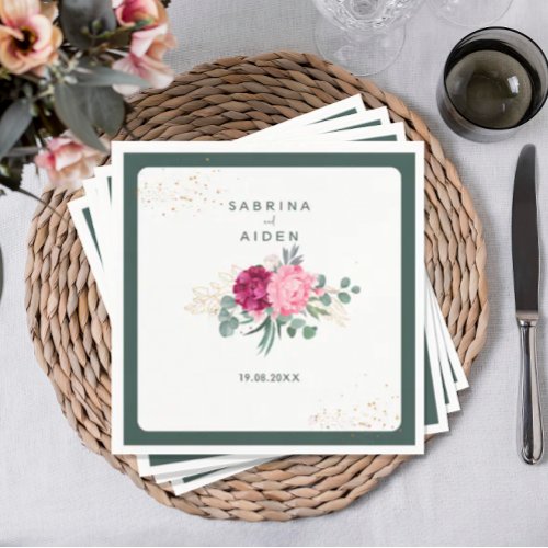 Simple Sage Green  Blush Pink Floral Wedding  Napkins