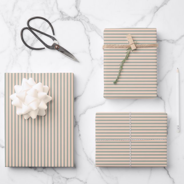 Simple Sage Green Blush Pink Striped Pattern Wrapping Paper Sheets (Front)