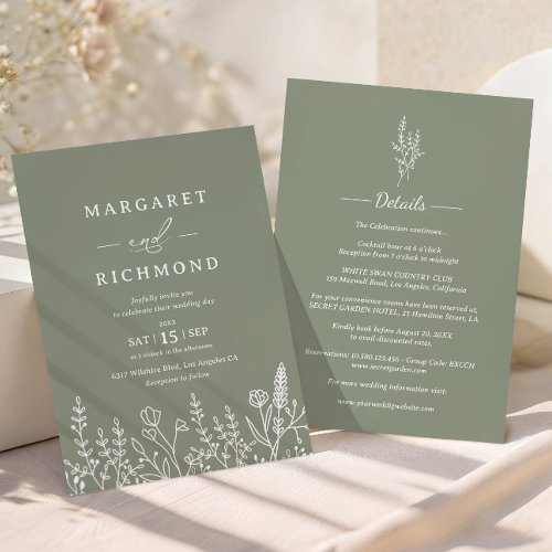 Simple Sage Green Boho Wildflower Modern Wedding Invitation