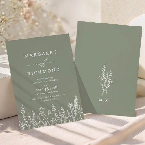 Simple Sage Green Boho Wildflower Monogram Wedding Invitation