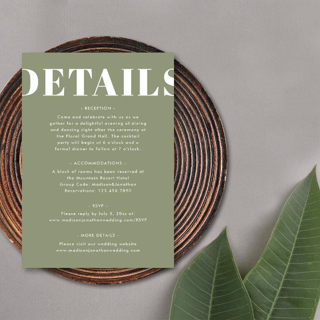 Simple Sage Green Bold Modern Wedding Details Enclosure Card (Front)