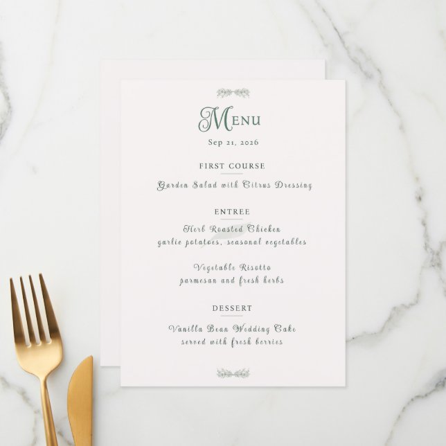 Simple Sage Green Botanical Minimalist Wedding Menu (Front/Back In Situ)