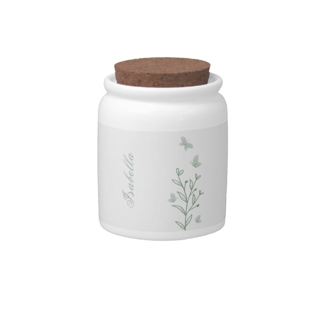 Simple sage green botanical wedding candy jar (Front)