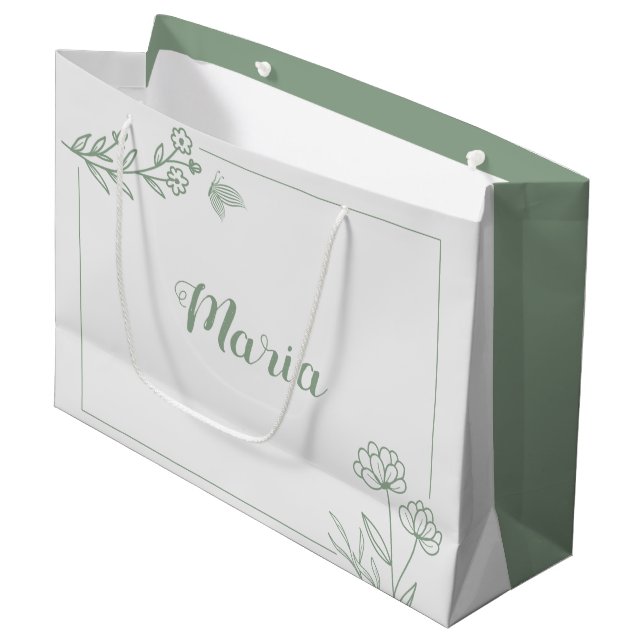 Simple sage green botanical wedding large gift bag (Front Angled)