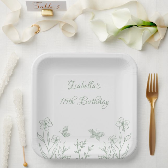 Simple sage green botanical wedding  paper plates (Wedding)