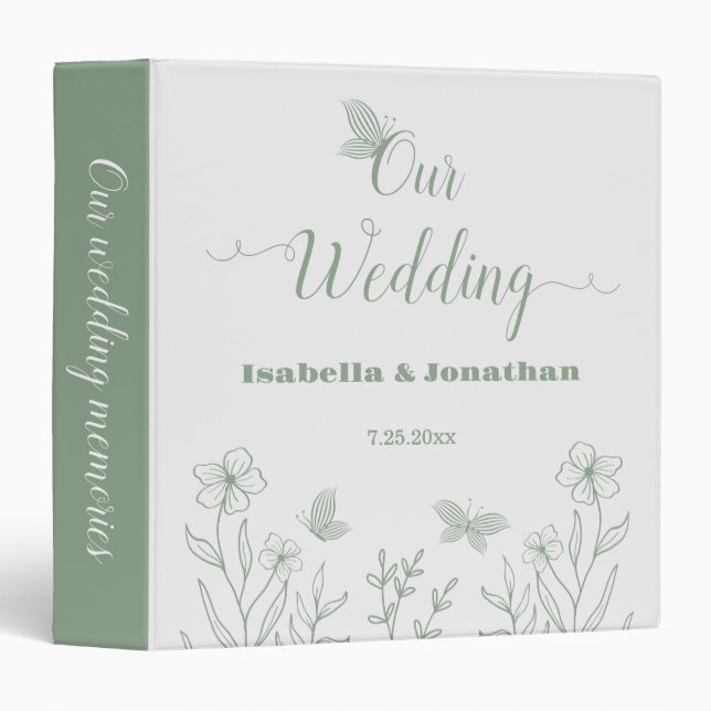 Simple sage green botanical wedding photo album 3 ring binder (Front/Spine)