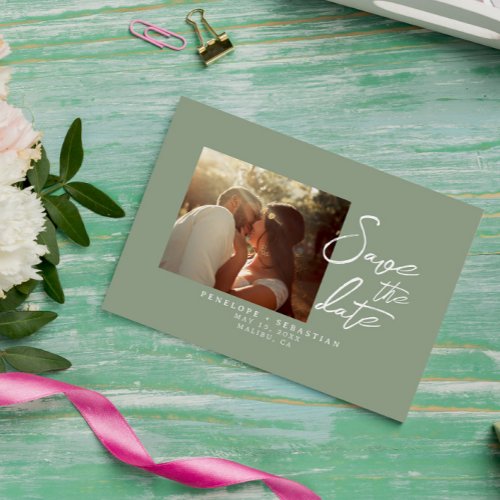 Simple Sage Green Calligraphy Boho Photo Wedding Save The Date