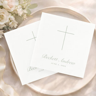 Simple Sage Green Cross Script Baptism Napkins