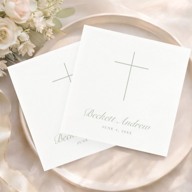 Simple Sage Green Cross Script Baptism Napkins (Simple Sage Green Cross Script Baptism, Christening or First Holy Communion Napkins.)