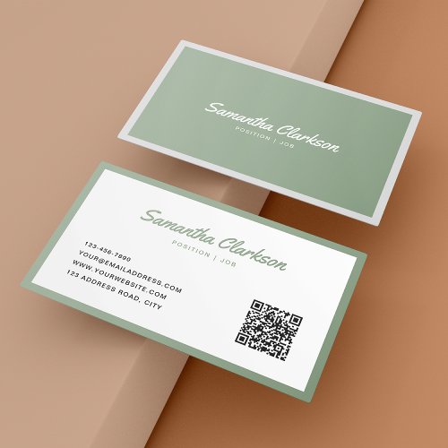 Simple Sage Green Cursive Script Border QR Code Business Card