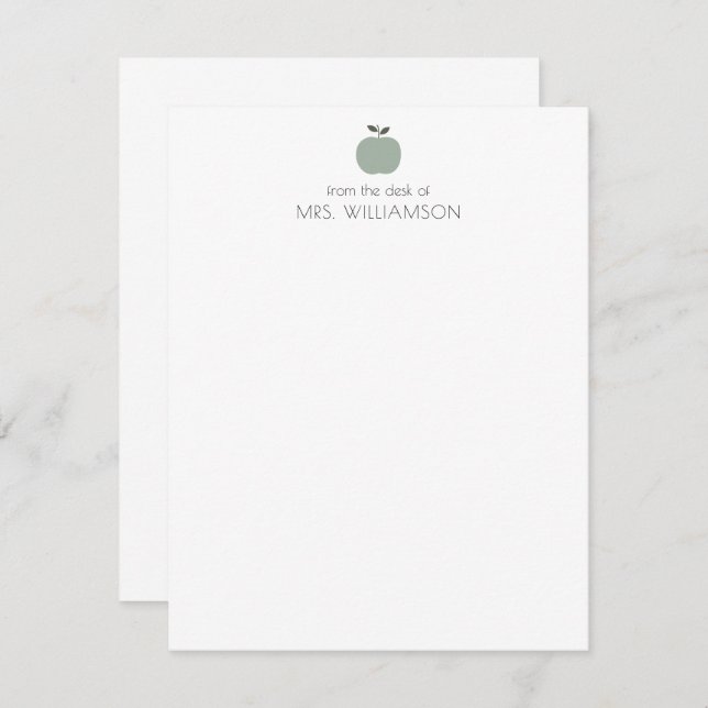 Simple Sage Green Cute Apple Personalized Teacher Note Card (Front/Back)