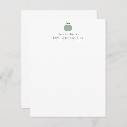 Simple Sage Green Cute Apple Personalized Teacher Note Card