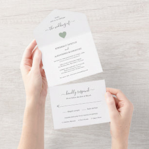 Simple Sage Green Cute Heart Modern Wedding All In One Invitation