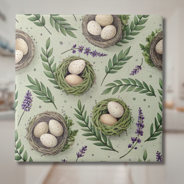 Simple Sage Green Easter Eggs Lavender Nest Ceramic Tile (Creator Uploaded)