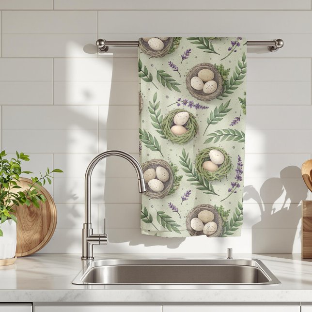 Simple Sage Green Easter Eggs Lavender Nest Kitchen Towel (Creator Uploaded)