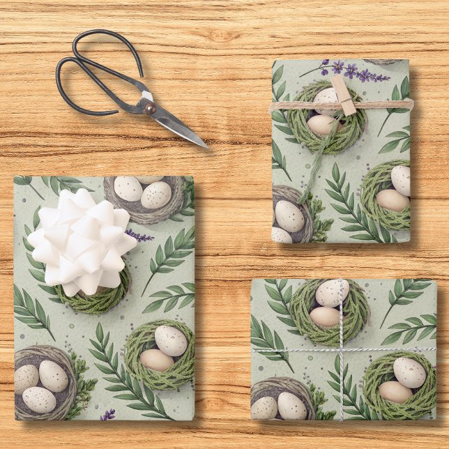 Simple Sage Green Easter Eggs Lavender Nest Wrapping Paper Sheets (Creator Uploaded)