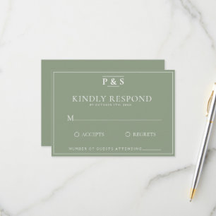 Simple Sage Green Elegant Monogram Chic Wedding RSVP Card
