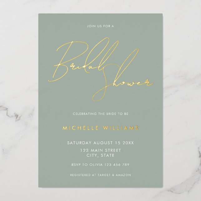 Simple Sage Green Elegant Script Bridal Shower Foil Invitation (Front)