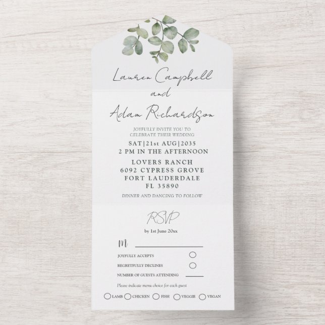 Simple Sage Green Eucalyptus Calligraphy Wedding  All In One Invitation (Inside)