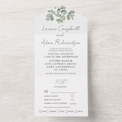 Simple Sage Green Eucalyptus Calligraphy Wedding  All In One Invitation