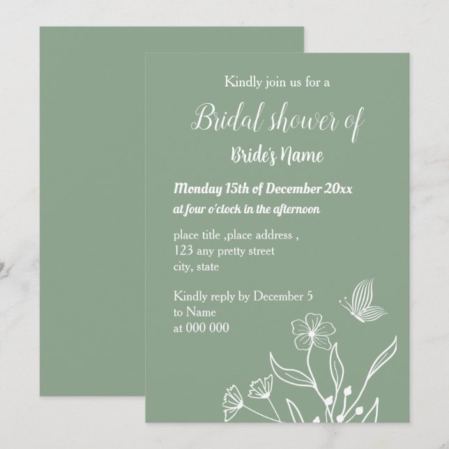 Simple sage green floral bridal shower invitation (Front/Back)