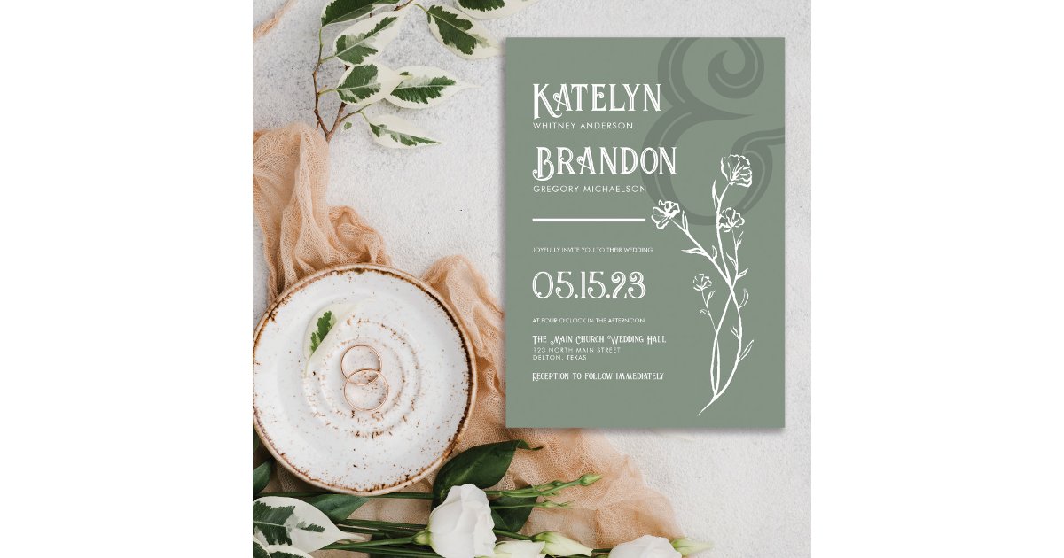 Simple Sage Green Floral Foliage Wedding Invitatio Invitation | Zazzle
