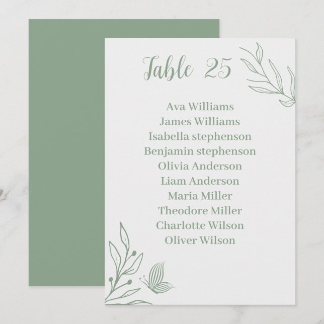 Simple sage green floral seating chart card (Front/Back)