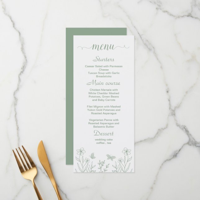 Simple sage green floral wedding menu (Front/Back In Situ)