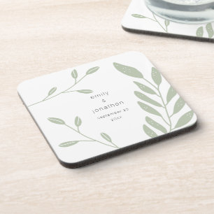 Simple Sage Green Foliage Names Date Wedding Favor Beverage Coaster