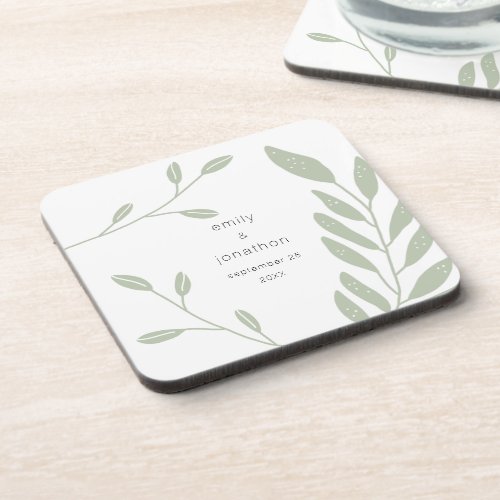 Simple Sage Green Foliage Names Date Wedding Favor Beverage Coaster