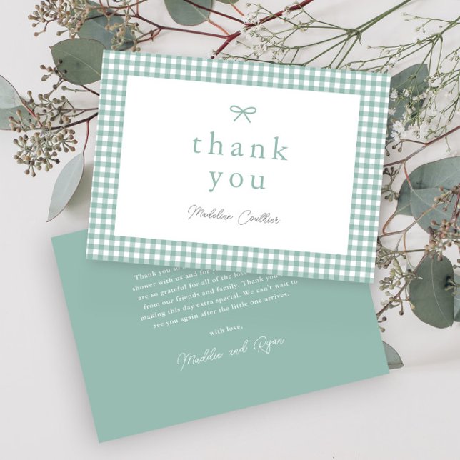 Simple Sage Green Gender Neutral Baby Shower Thank You Card (Sage green bow gingham gender neutral  baby shower thank you cards.)