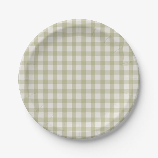 Simple Sage Green Gingham Paper Plates (Front)