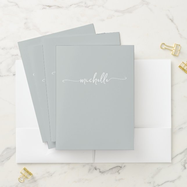Simple Sage Green Girly Monogram Name Script Pocket Folder (In Situ)