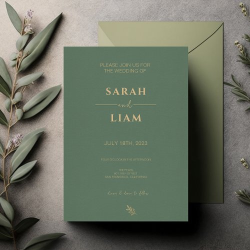 Simple Sage Green  Gold Elegant Romantic Wedding Invitation