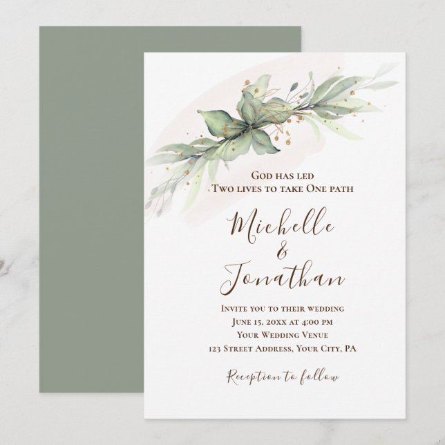 Simple Sage Green Gold Floral Christian Wedding Invitation (Front/Back)