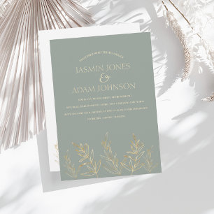 Simple Sage Green Gold Leaf Wedding Invitation