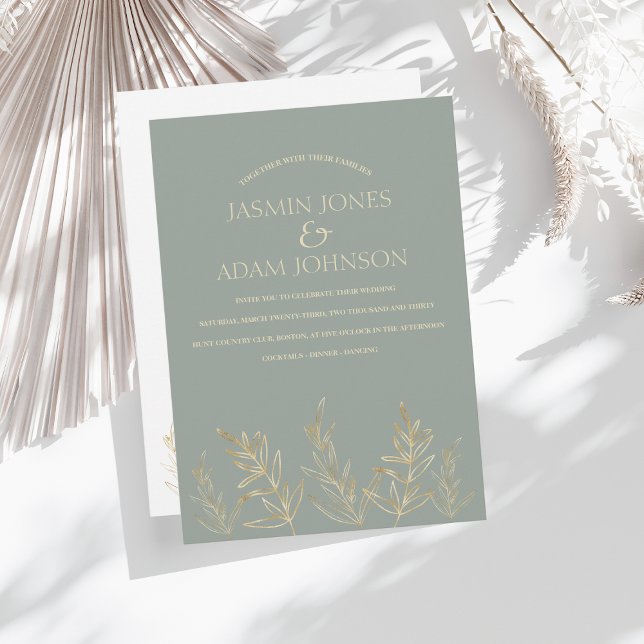 Simple Sage Green Gold Leaf Wedding Invitation (Creator Uploaded)