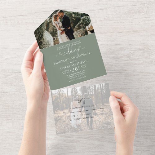 Simple Sage Green Greenery 2 Photo RSVP Wedding All In One Invitation