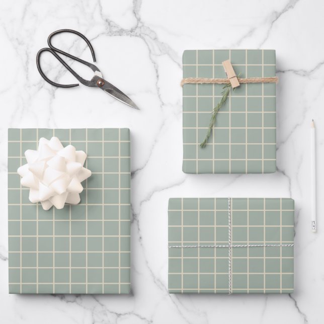 Simple Sage Green Grid Lines Graph Pattern Wrapping Paper Sheets (Front)