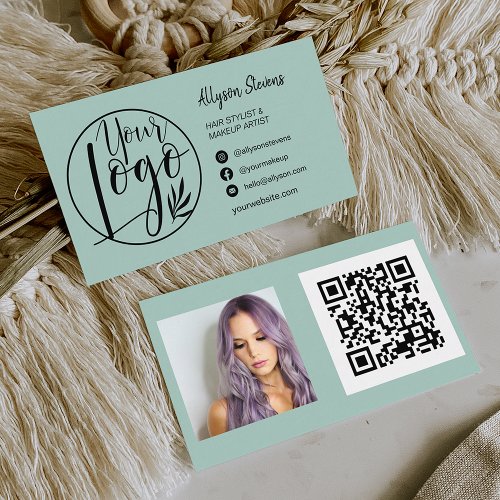Simple sage green hair makeup photo logo qr code business card