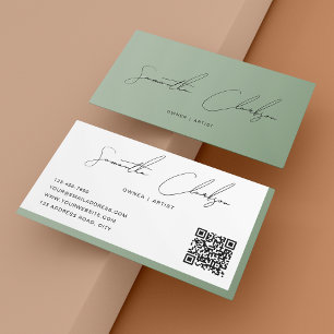 Simple Sage Green Handwritten Script QR code Business Card