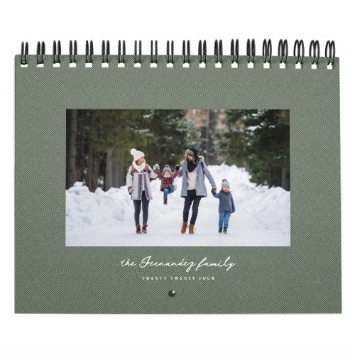 Simple sage green herringbone classic family photo calendar