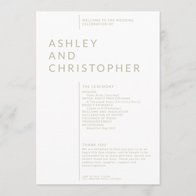 Simple Sage Green Isolated Names Wedding Ceremony Program (Front)