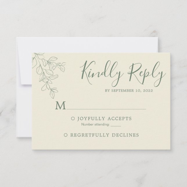 Simple Sage Green Ivory White Botanical Wedding RSVP Card (Front)