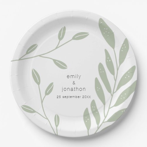 Simple Sage Green Leaves Names Date Wedding Paper Plates