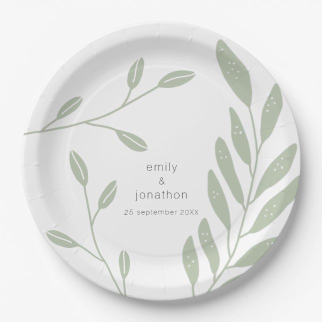 Simple Sage Green Leaves Names Date Wedding Paper Plates (Front)
