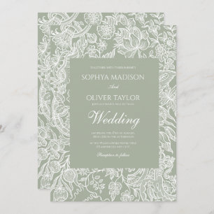 Simple Sage Green Line Art Wildflower wedding Invitation