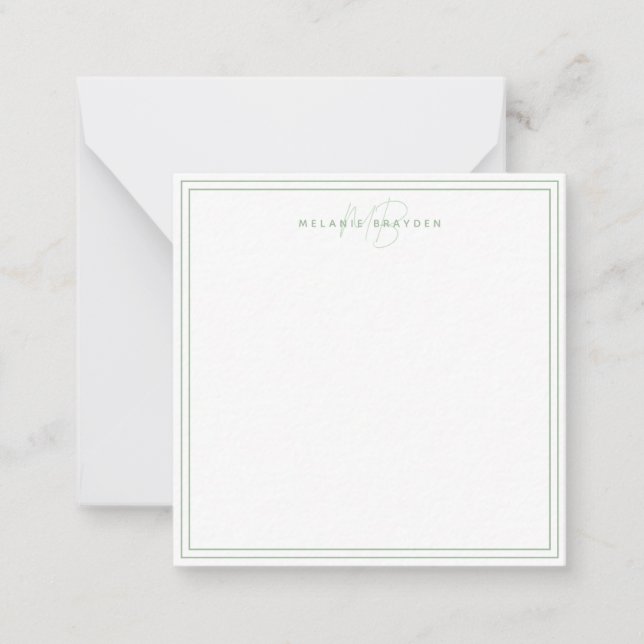 Simple Sage Green Minimalist Monogram Two Border Note Card (Front)