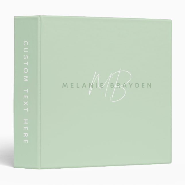 Simple Sage Green Minimalist Two Monogram Name 3 Ring Binder (Front/Spine)