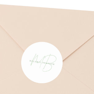 Simple Sage Green Minimalist Two Monogram Name Classic Round Sticker